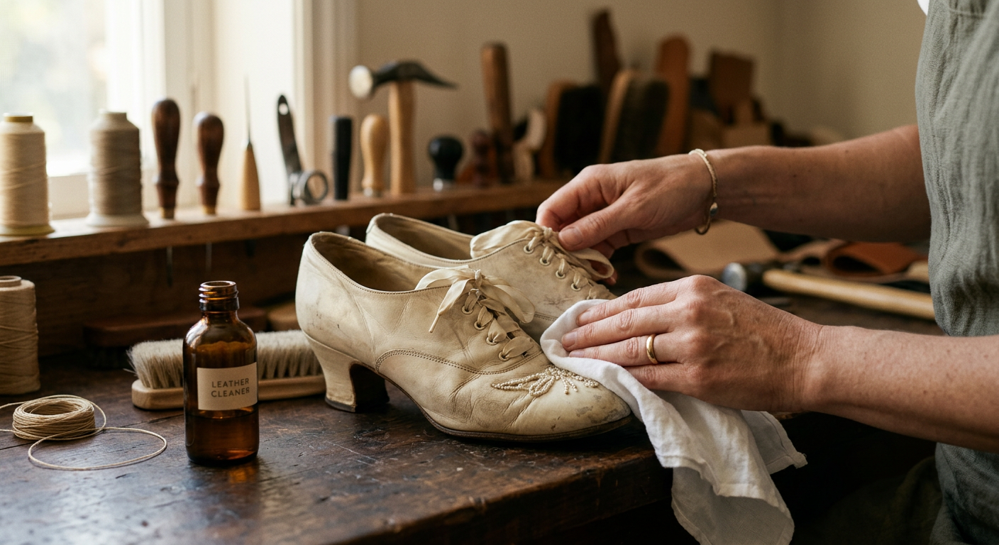 Mains d'une femme nettoyant délicatement une paire de chaussures de mariée vintage en cuir avec un chiffon doux.
