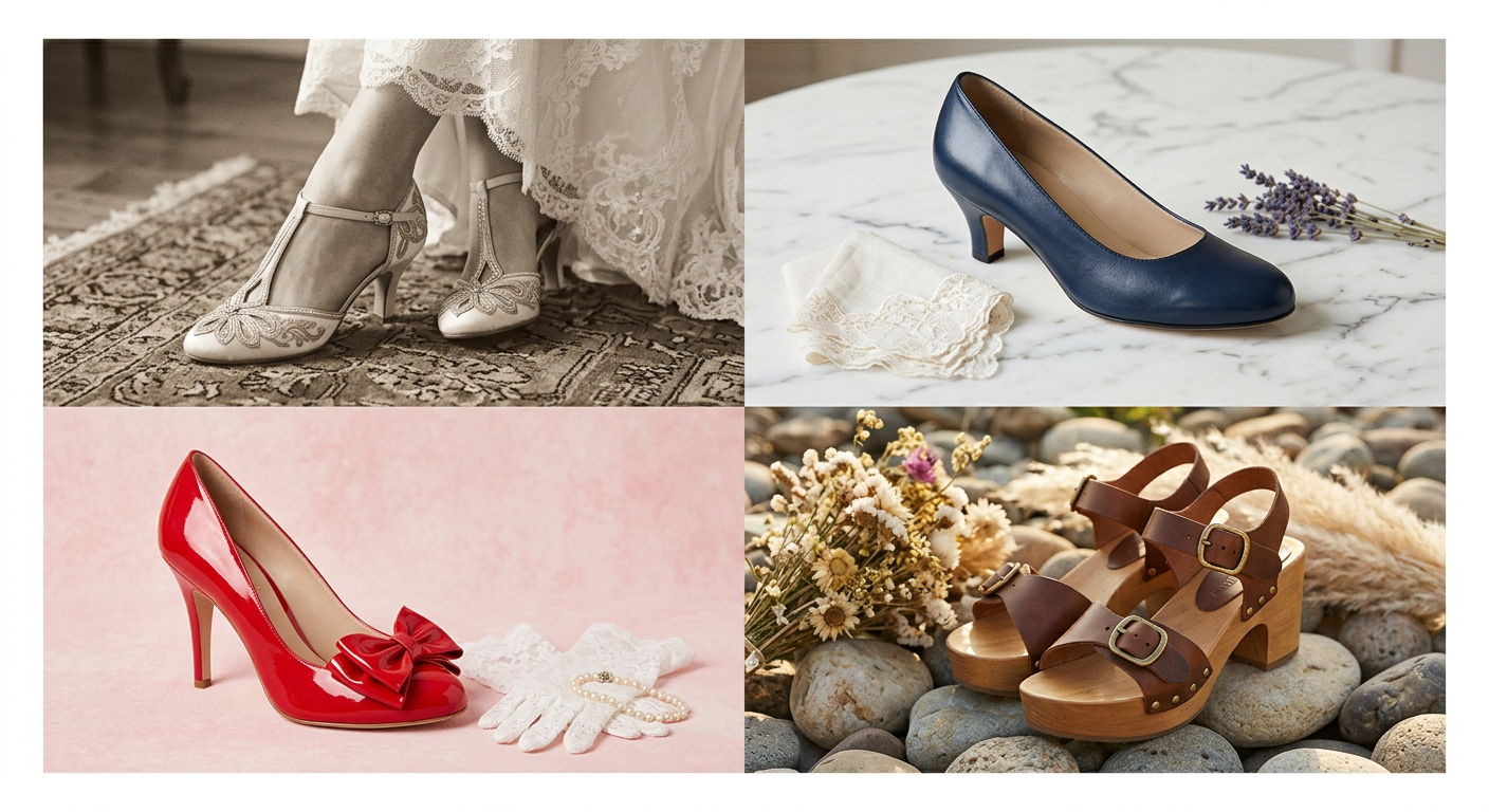 Collage de différents styles de chaussures de mariée vintage, des années 20 aux années 70.