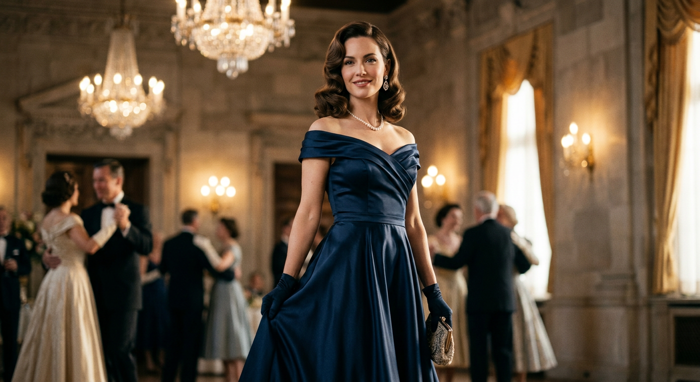 Une femme élégante des années 50 souriant dans une robe de soirée vintage bleu nuit.