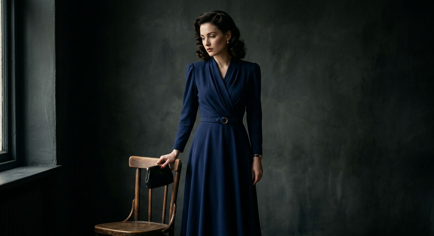 Modèle en robe de soirée des années 40 bleu marine avec des épaulettes discrètes et un drapé élégant.