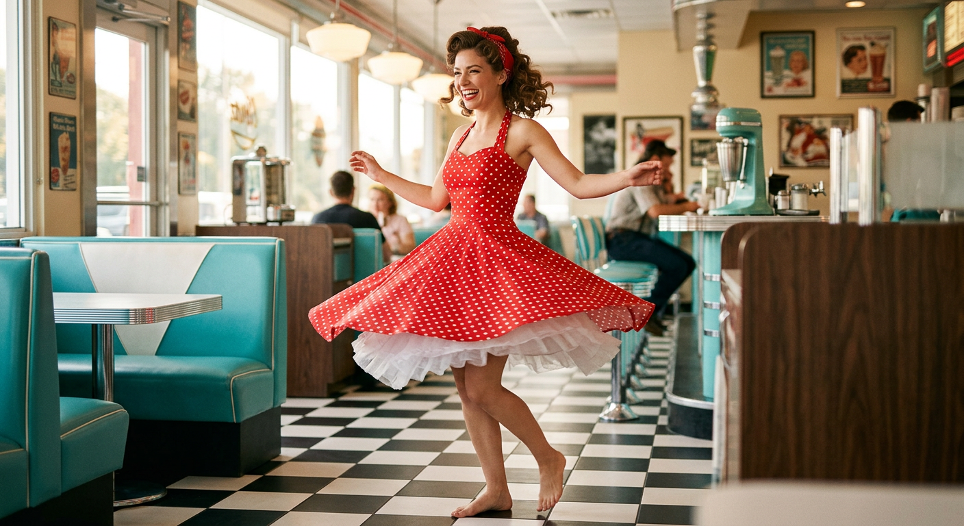 Une pin-up des années 50 riant, sa robe patineuse rouge à pois blancs tourbillonnant autour d'elle.