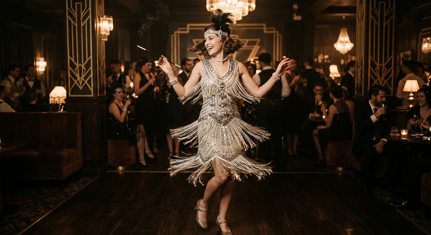 Modèle en robe Charleston à franges et perles, dans un décor Gatsby.