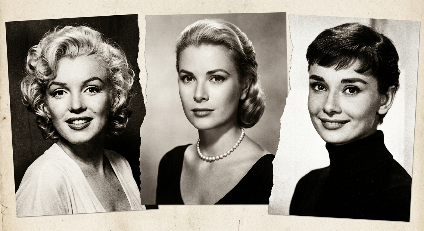 Montage de portraits noir et blanc de Grace Kelly, Marilyn Monroe et Audrey Hepburn, icônes du glamour vintage.