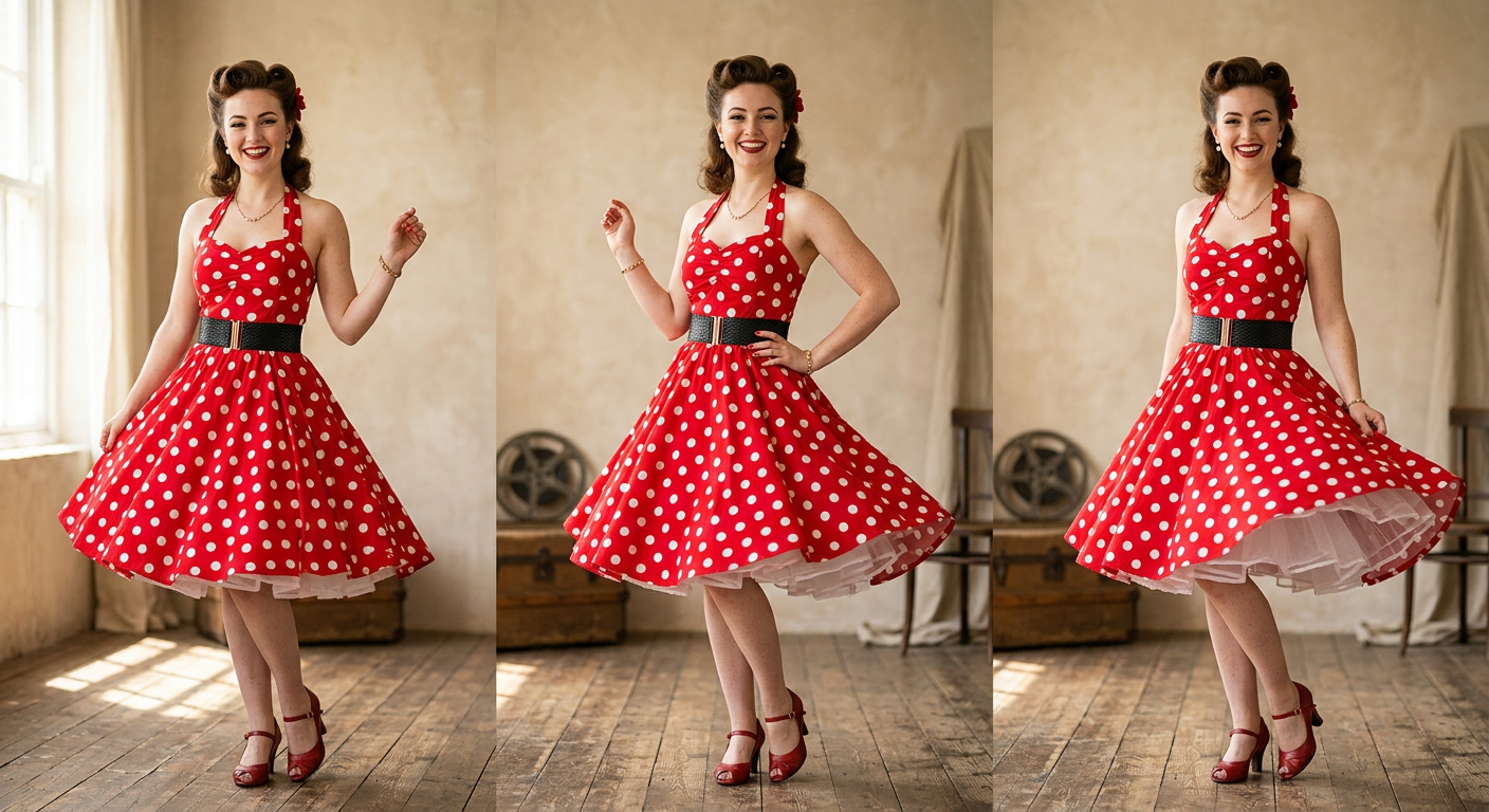 Une femme à la silhouette pin-up des années 50 portant une robe rouge à pois blancs avec une taille très marquée.
