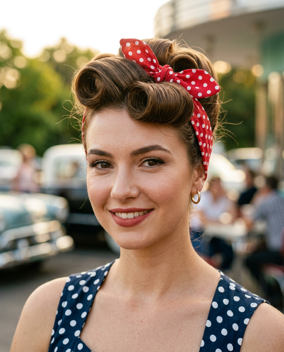 Portrait d'une femme avec une coiffure pin-up, victory rolls et bandana à pois.