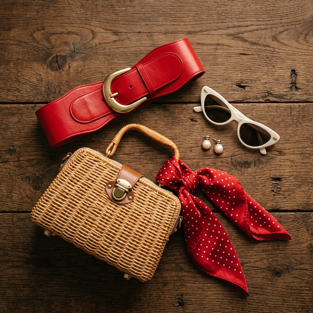 Accessoires pin-up pour un look guinguette : ceinture rouge, lunettes oeil-de-chat, panier en osier.