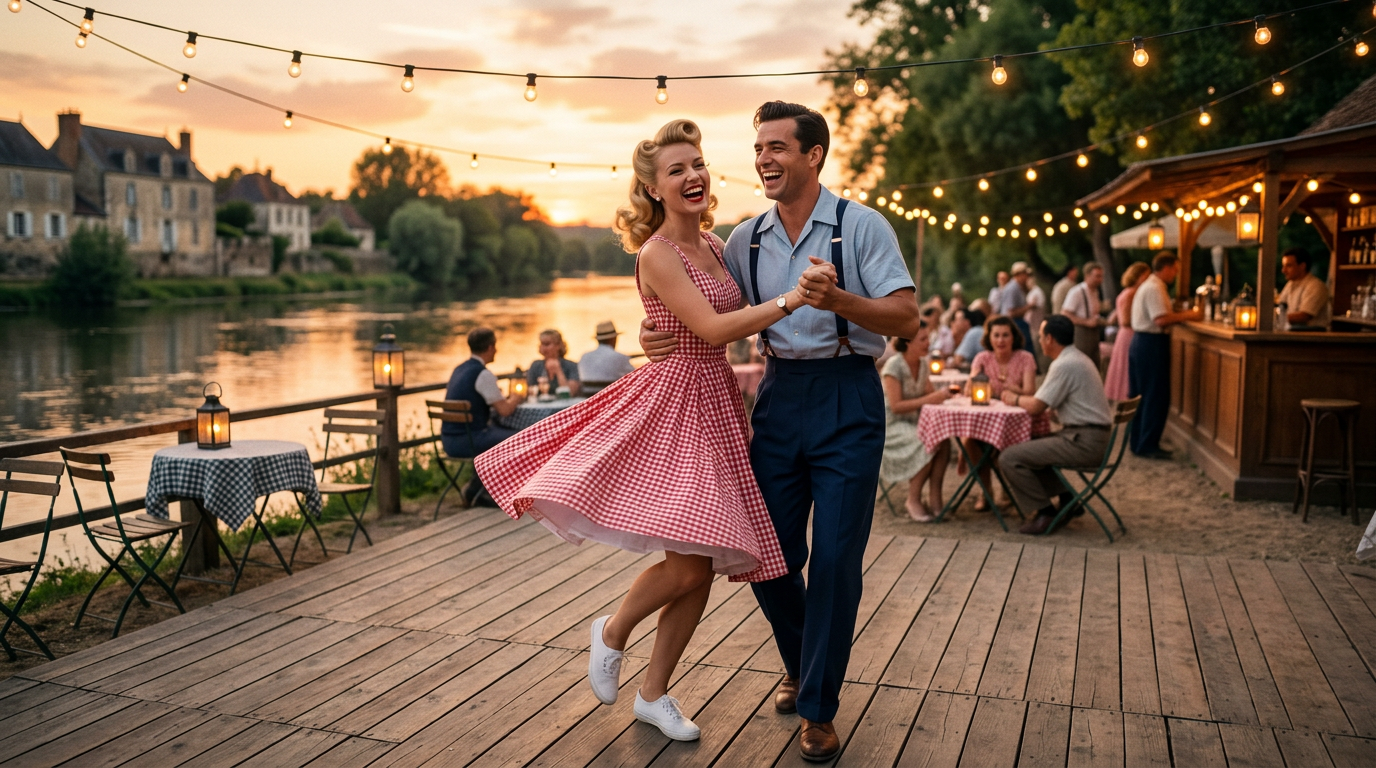 Femme en robe guinguette vichy rouge dansant au bord de l'eau lors d'un bal populaire style années 50.