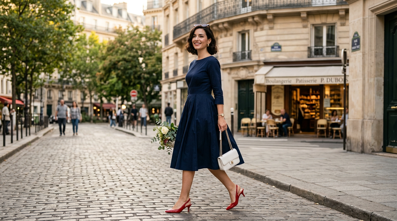 Femme élégante dans une rue parisienne portant une robe guinguette bleu marine et des talons rouges.