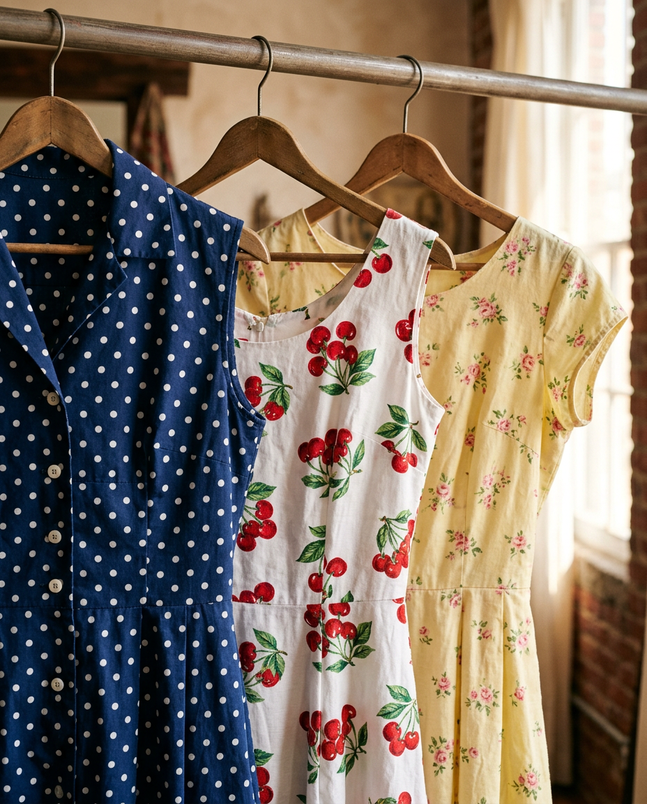 Trio de robes vintage aux motifs emblématiques : pois, cerises et fleurs.