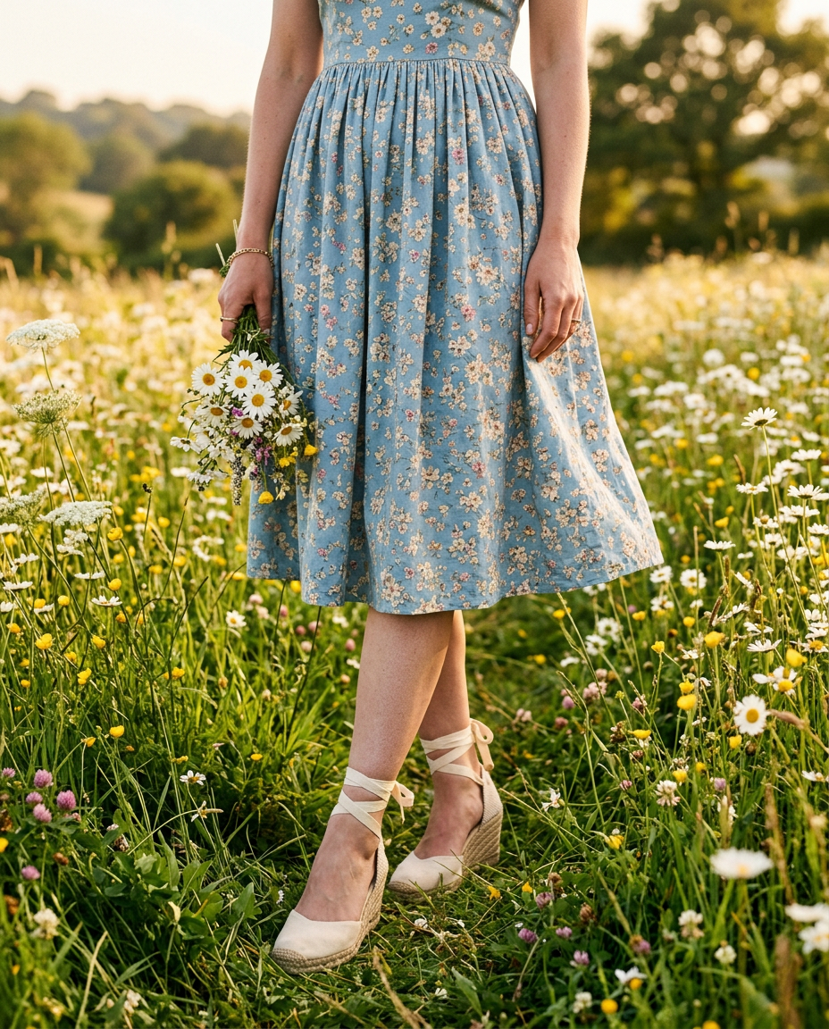 Femme en robe guinguette fleurie dans un champ, portant des espadrilles compensées.
