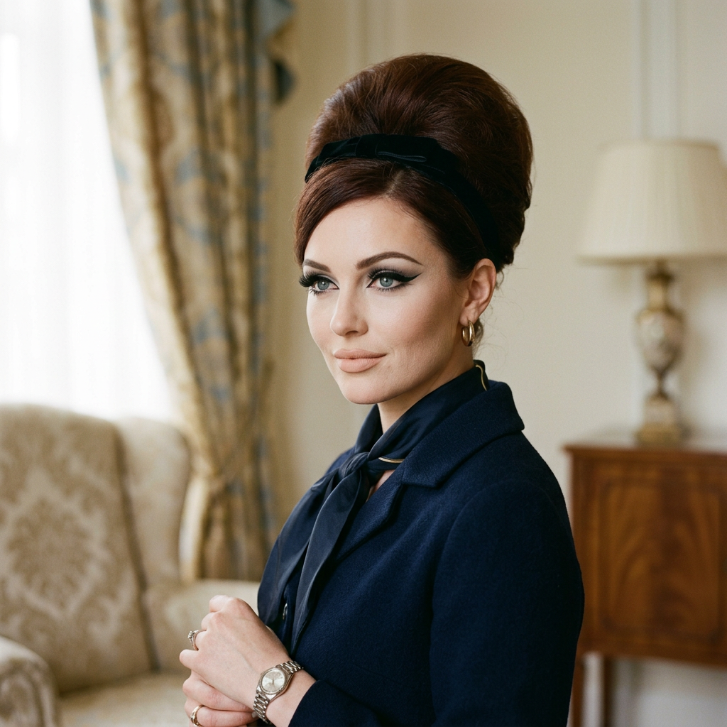 Portrait d'une femme avec un maquillage yeux de biche et une coiffure à volume typique des années 60.