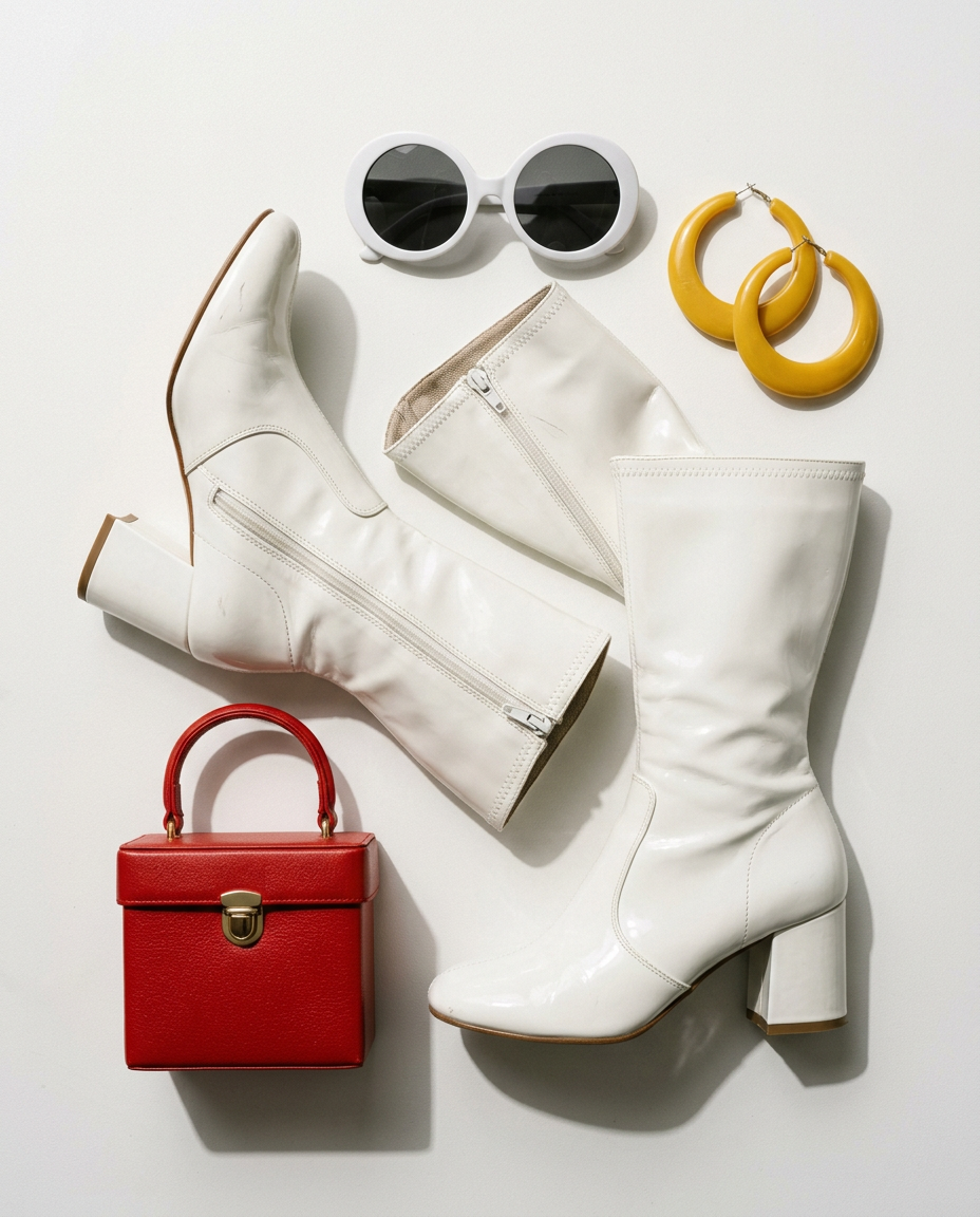 Gros plan sur des accessoires des années 60 : bottes gogo blanches et lunettes de soleil oversize.