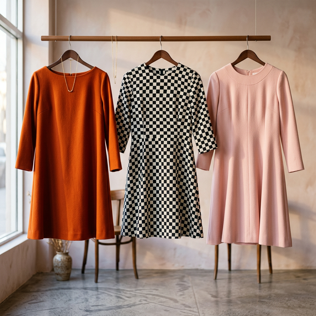 Sélection de robes trapèze années 60 aux couleurs vives et motifs géométriques.