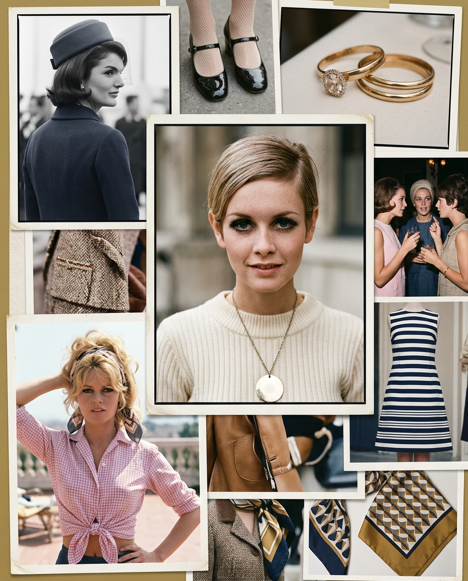 Collage stylisé inspiré des icônes de mode des années 60 comme Twiggy, Jackie Kennedy et Brigitte Bardot.