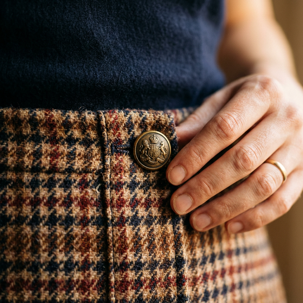 Gros plan sur les coutures impeccables et le tissu riche d'une jupe crayon vintage en tweed.