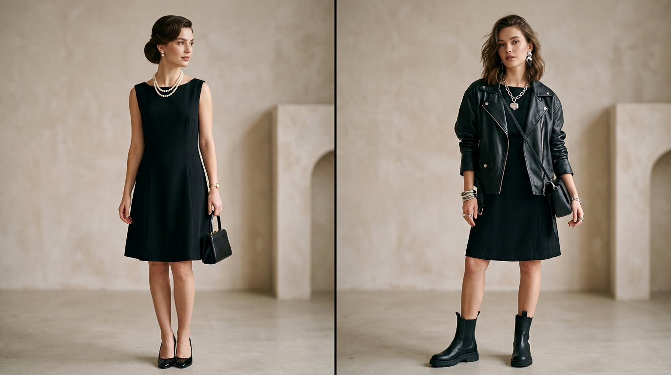 Une même petite robe noire vintage, portée d'un côté avec des escarpins classiques et de l'autre avec des accessoires modernes.
