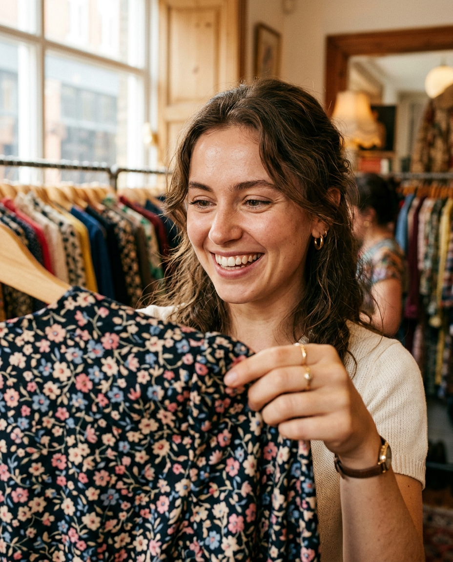 Visage illuminé d'une jeune femme découvrant une magnifique robe vintage à fleurs dans une boutique.
