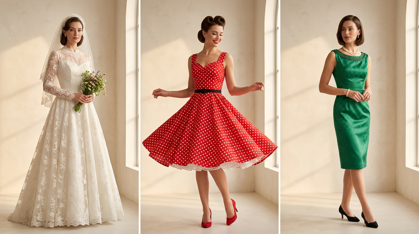 Montage glamour de trois robes emblématiques de la collection Louise Vintage: une robe de mariée rétro, une robe pin-up et une robe de cocktail.
