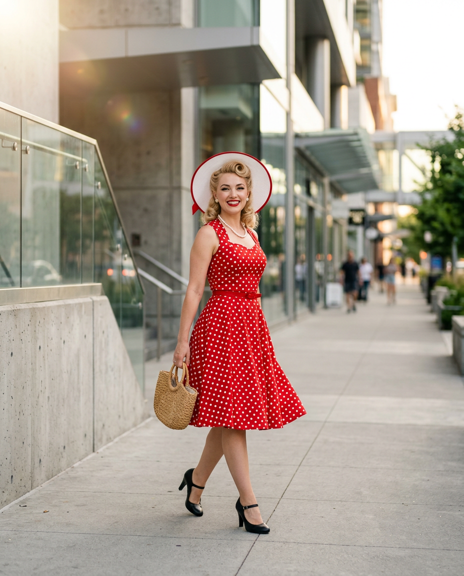 Femme rayonnante portant une robe vintage à pois style années 50 dans une rue parisienne moderne.
