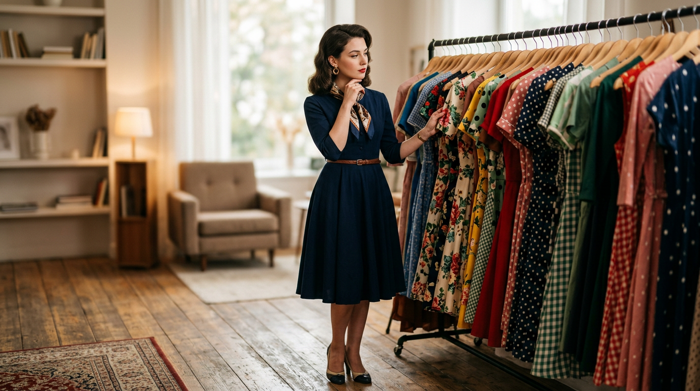Femme élégante de style pin-up années 50 songeant devant un portant de robes vintage colorées.