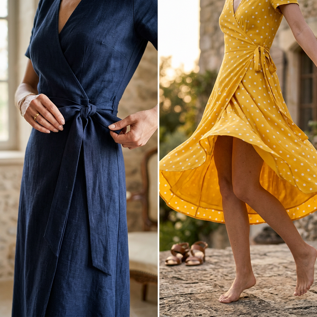 Gros plan sur les détails d'une robe d'été rétro : la taille ceinturée d'une robe portefeuille et la jupe ample d'une robe swing.