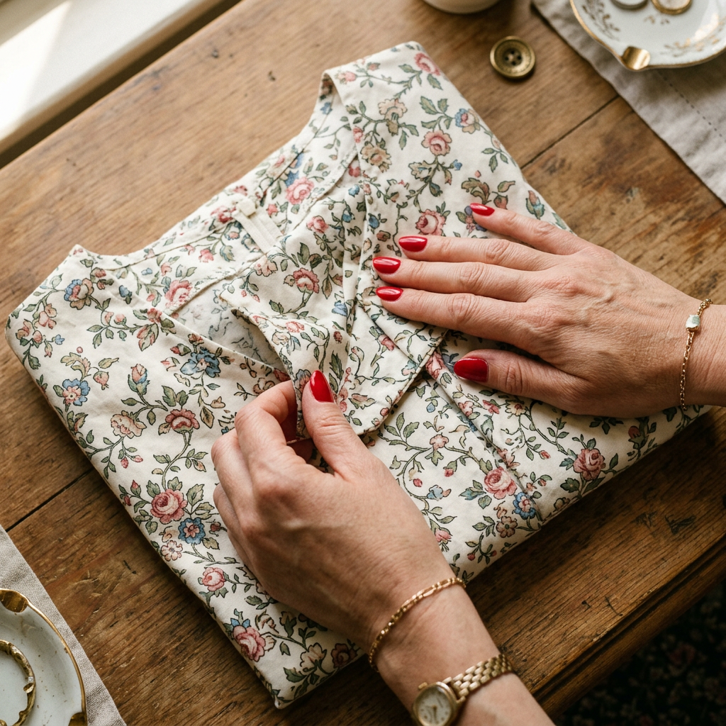 Mains féminines pliant délicatement une robe d'été rétro en coton à fleurs.