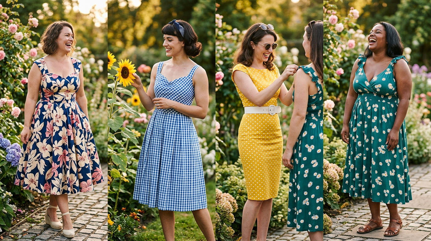Lookbook de quatre femmes aux morphologies différentes (A, V, H, O) portant chacune une robe d'été rétro flatteuse.