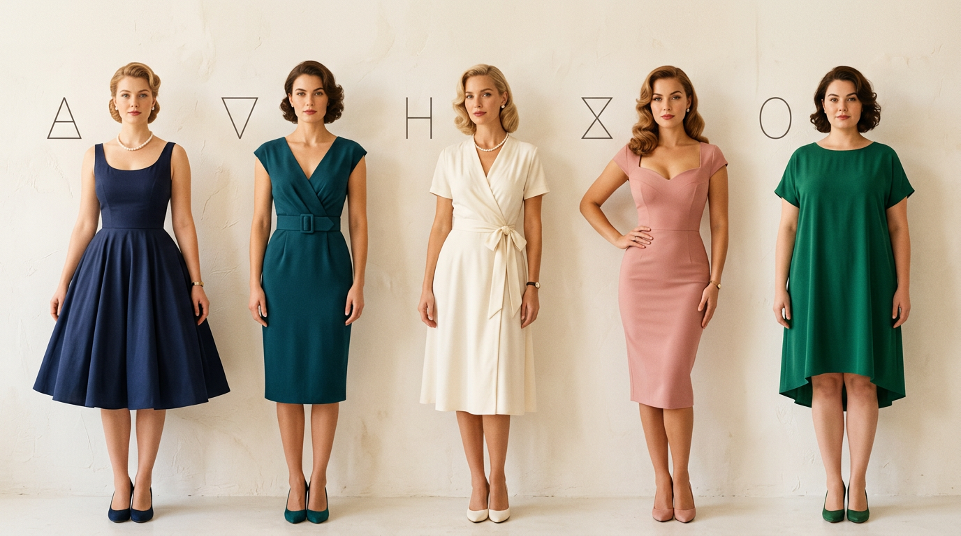 Infographie stylisée montrant les 5 morphologies féminines (A, V, H, X, O) avec des robes rétro adaptées à chacune.