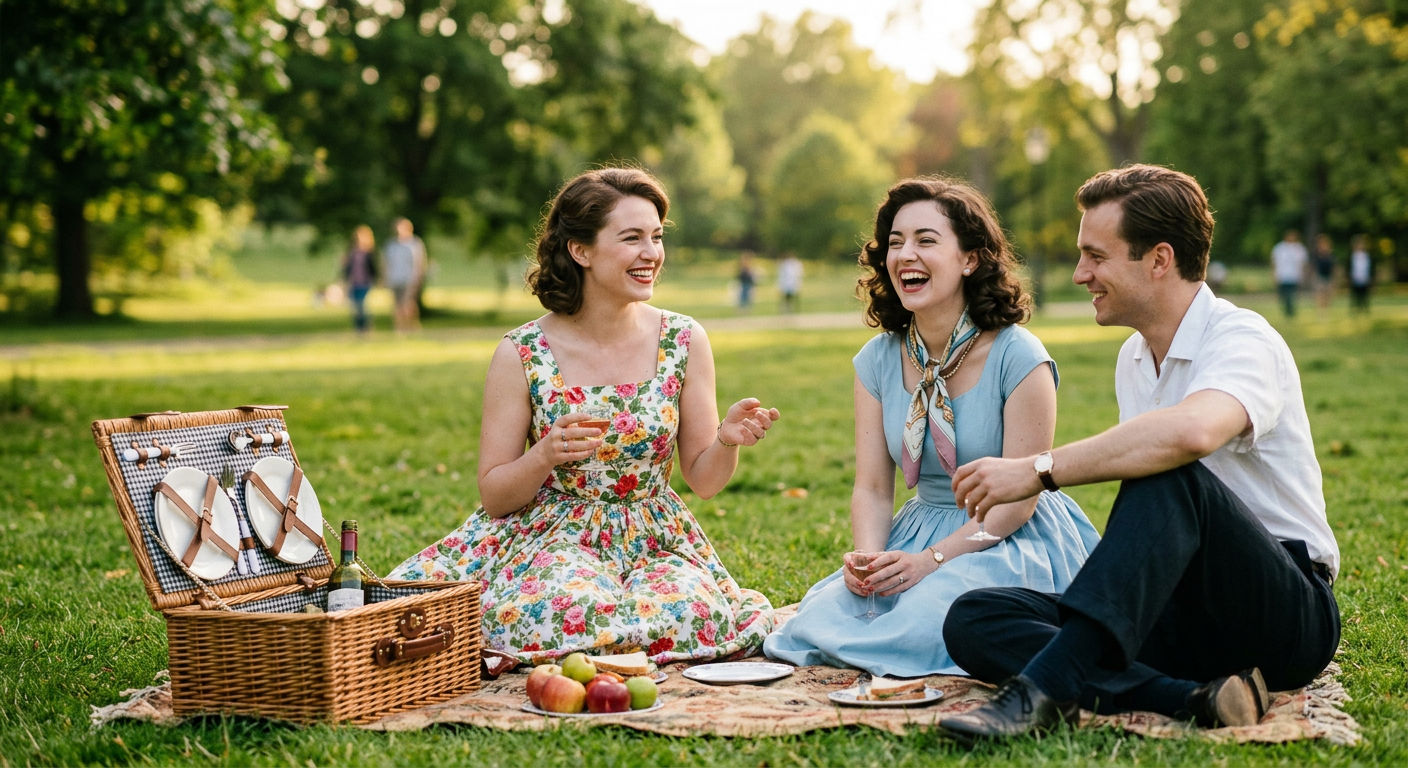 Groupe d'amis en tenues vintage chic lors d'un pique-nique estival dans un parc verdoyant.