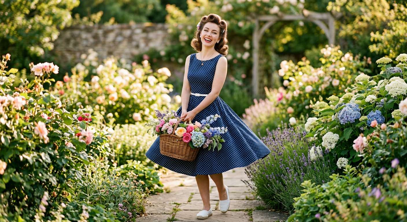 Femme pin-up souriante en robe vintage d'été à pois, tenant un panier de fleurs dans un jardin ensoleillé.