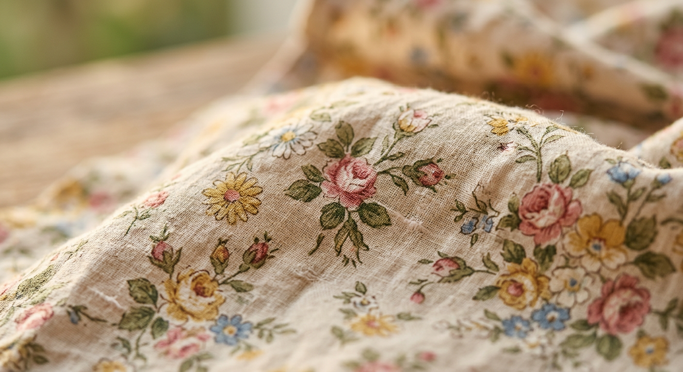 Gros plan sur la texture d'un tissu en coton léger à motif floral vintage sous une lumière d'été.