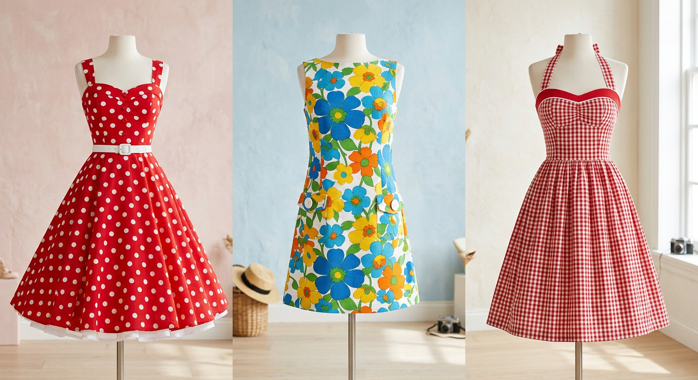 Lookbook de robes vintage pour l'été : robe patineuse à pois, robe trapèze florale et robe pin-up vichy rouge.