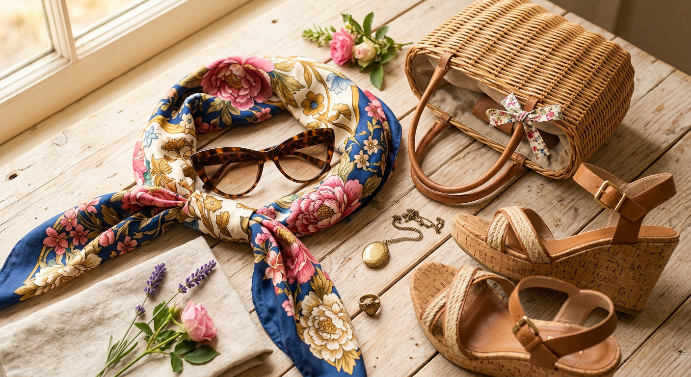 Composition d'accessoires vintage pour l'été : lunettes oeil-de-chat, foulard en soie, panier en osier et sandales compensées.