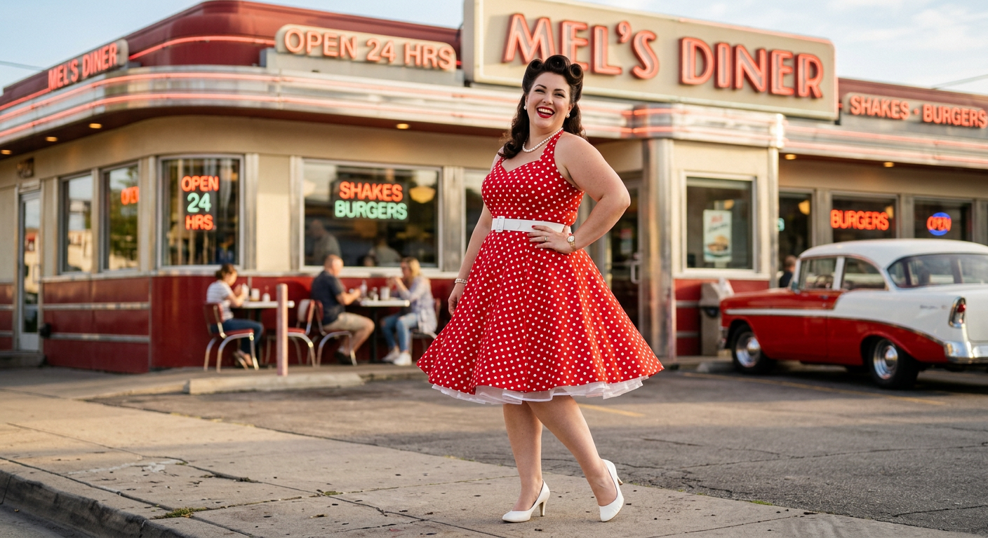 Une femme grande taille souriante et confiante portant une robe pin-up rouge à pois blancs, posant devant un diner américain rétro.