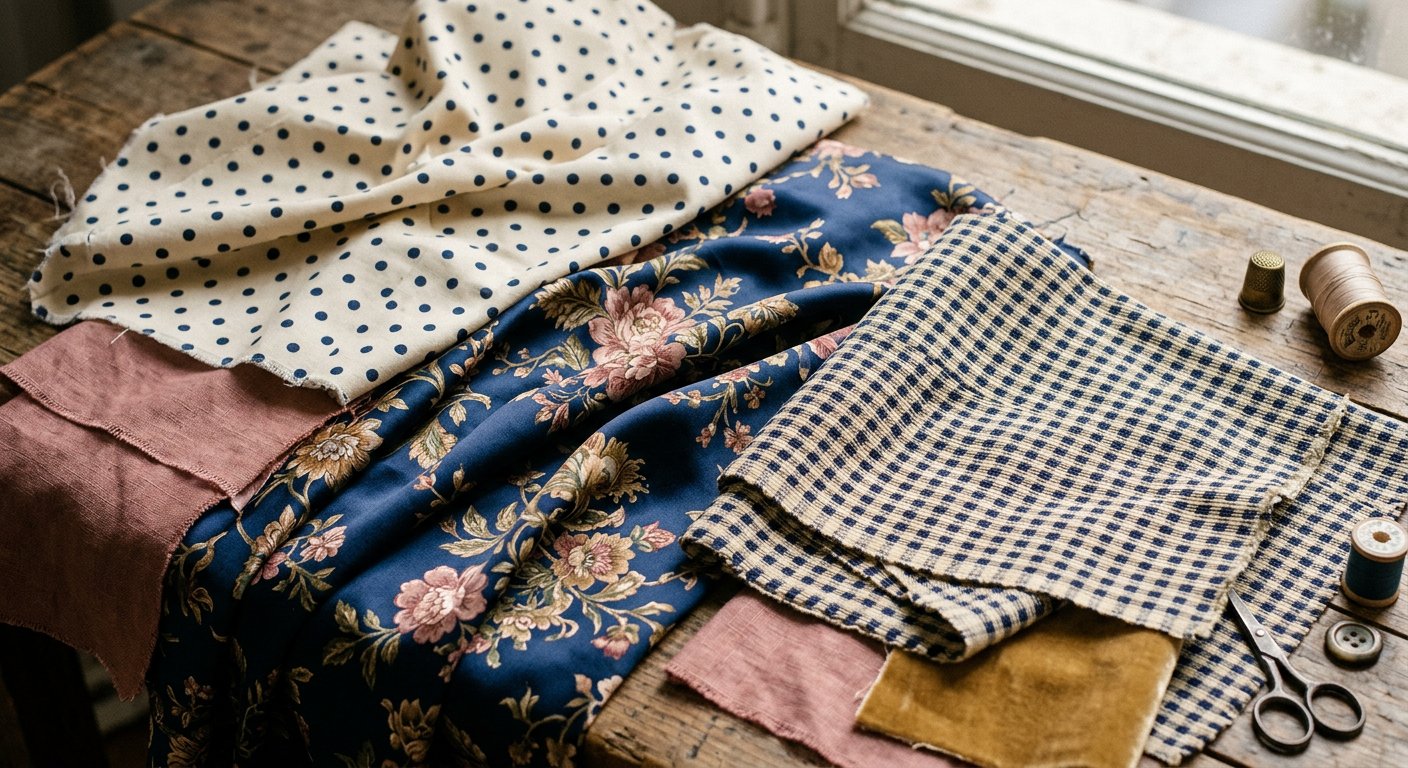 Gros plan texturé sur des échantillons de tissus vintage : coton à pois, satin fleuri et bengaline à carreaux.