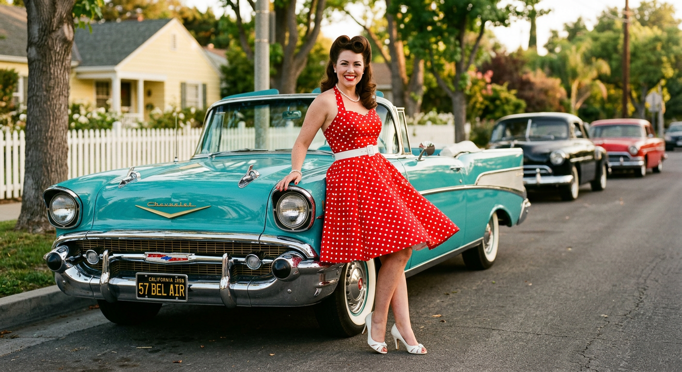 Femme souriante en robe rockabilly à pois rouges et blancs devant une voiture américaine vintage.