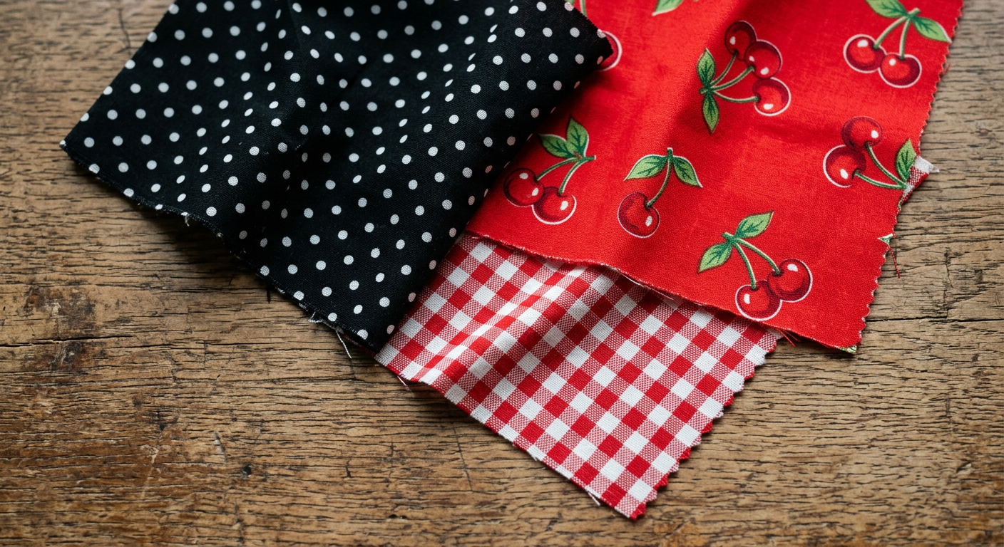 Gros plan sur des motifs rockabilly : tissu à pois noirs et blancs, cerises rouges et carreaux vichy.
