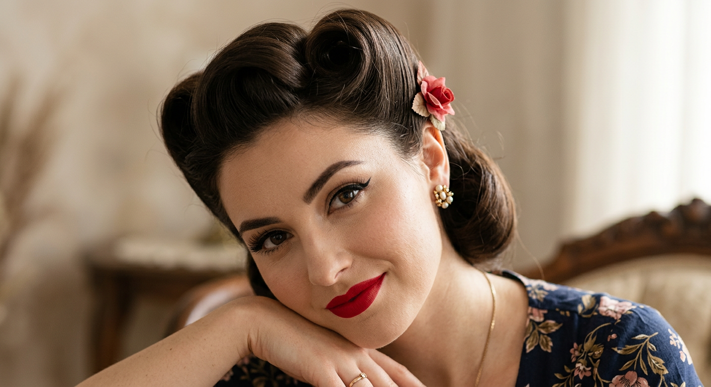 Gros plan sur une coiffure rockabilly avec victory rolls et un maquillage pin-up : eye-liner oeil de chat et lèvres rouge vif.
