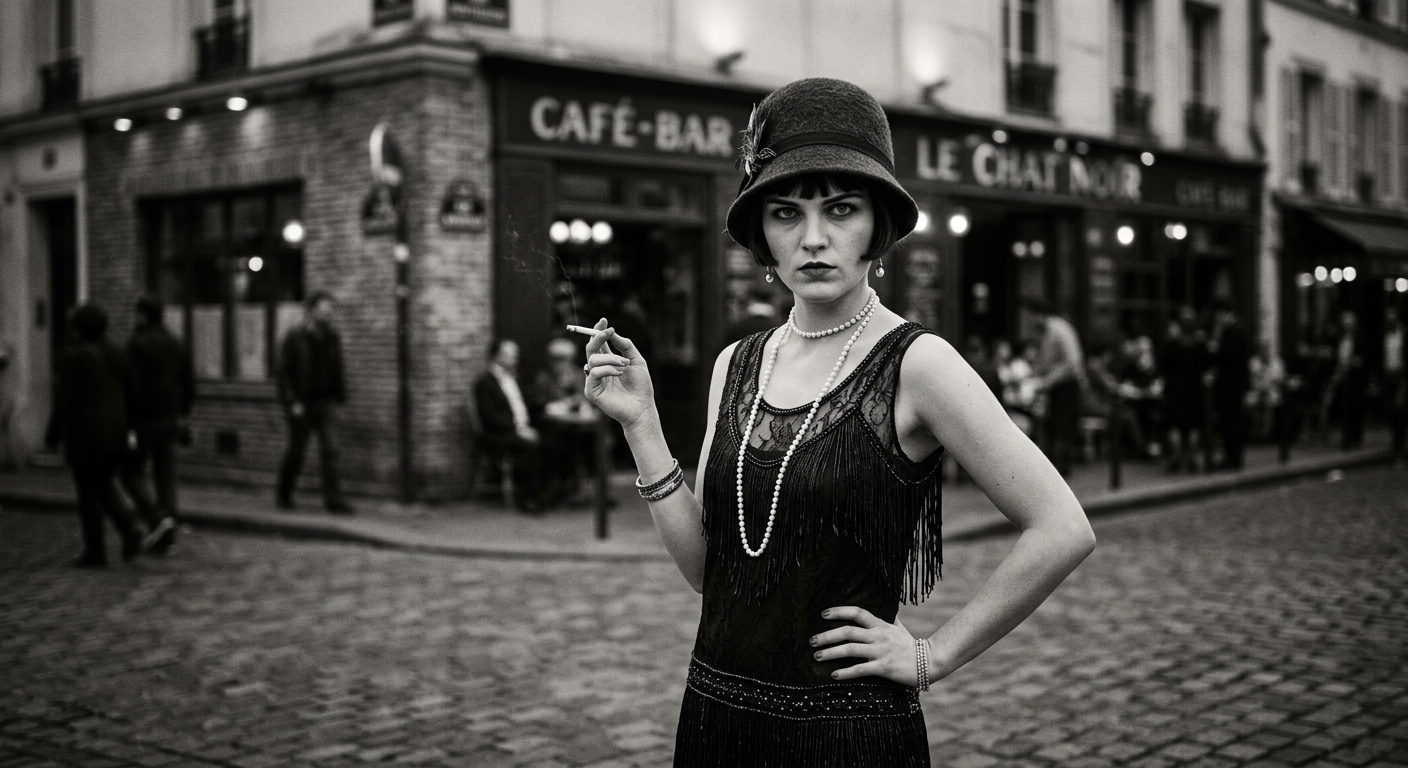 Portrait photographique en noir et blanc d'une jeune Flapper au regard direct et confiant, illustrant l'histoire des Flappers.