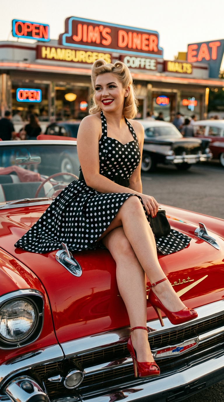 Une femme en robe rockabilly à pois assise sur le capot d'une voiture américaine vintage, mettant en avant ses escarpins rouges vernis.