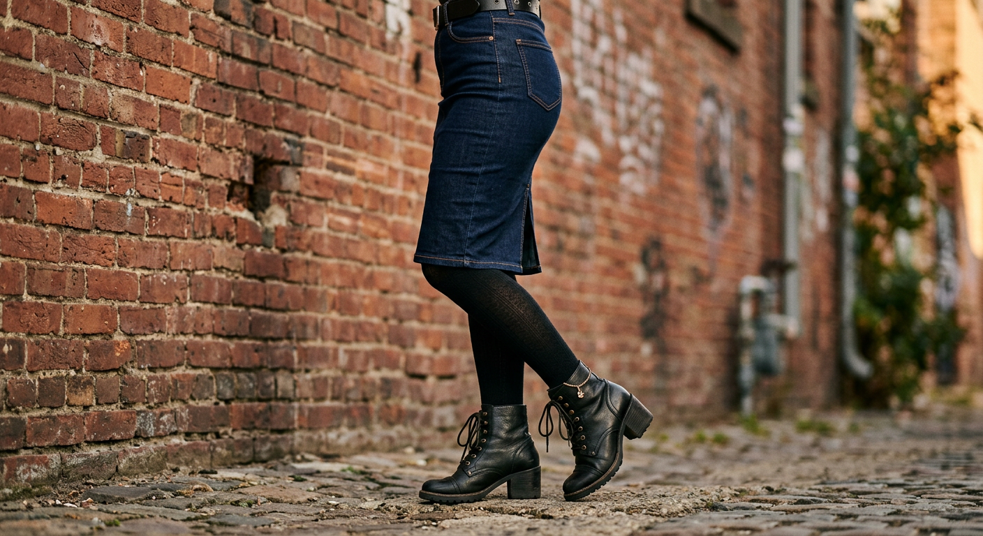 Gros plan sur les pieds d'une femme portant des bottines noires à lacets avec une jupe crayon en jean, créant un look rockabilly moderne.