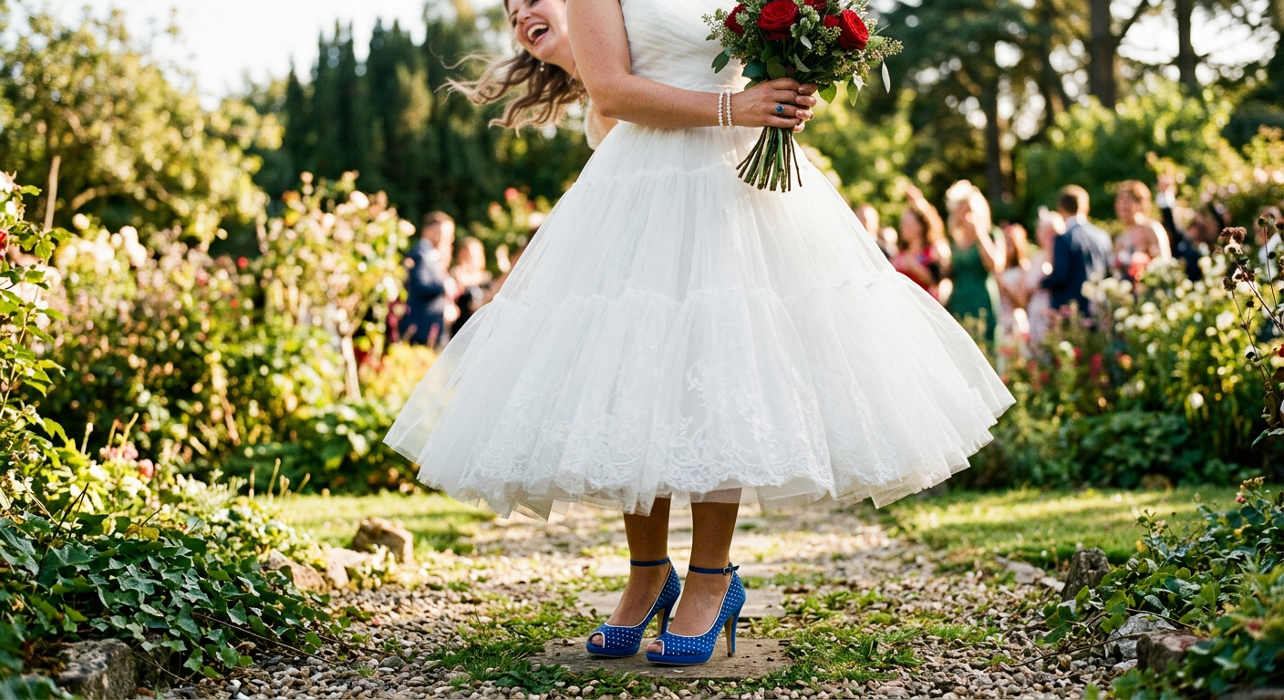 Une mariée en robe de mariée rétro courte riant aux éclats, montrant ses escarpins bleu vif à pois blancs.
