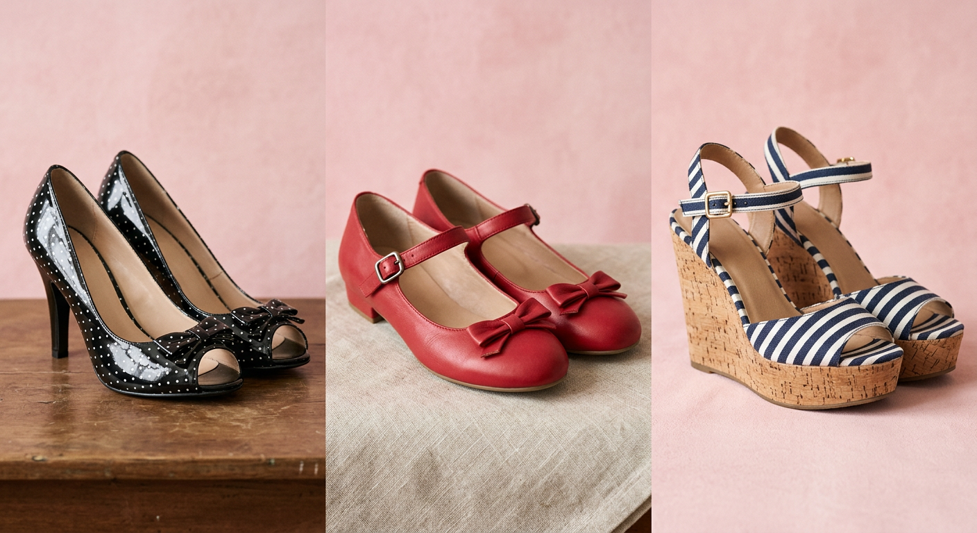 Collage de plusieurs paires de chaussures rockabilly : des escarpins à pois, des ballerines à motifs cerises et des sandales compensées.