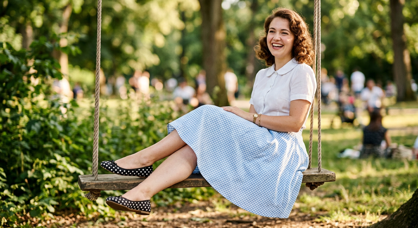 Une femme en jupe cercle est assise sur une balançoire, ses ballerines à pois noirs et blancs sont bien visibles.