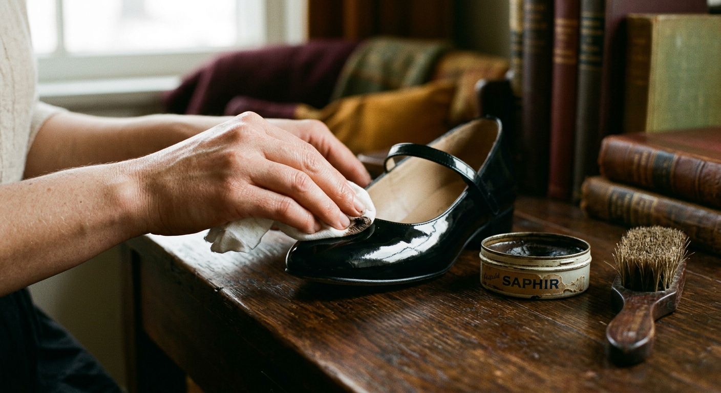 Des mains féminines appliquent avec soin un produit d'entretien sur un escarpin en cuir verni noir.