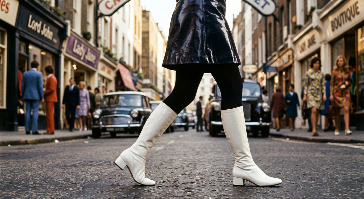 Bottes blanches vinyle annee 60 et mini jupe patineuse look swinging london
