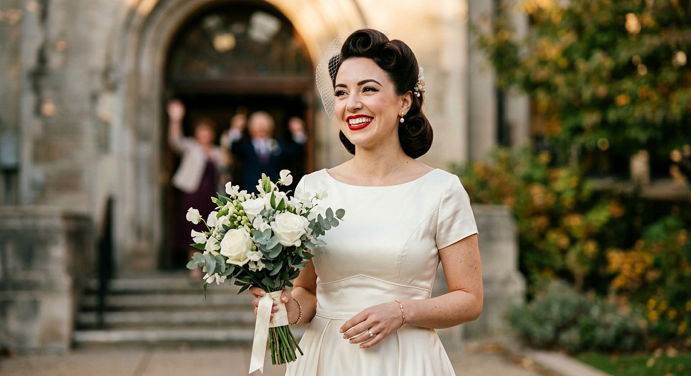 Une mariée souriante en robe vintage courte des années 50 pour son mariage civil.