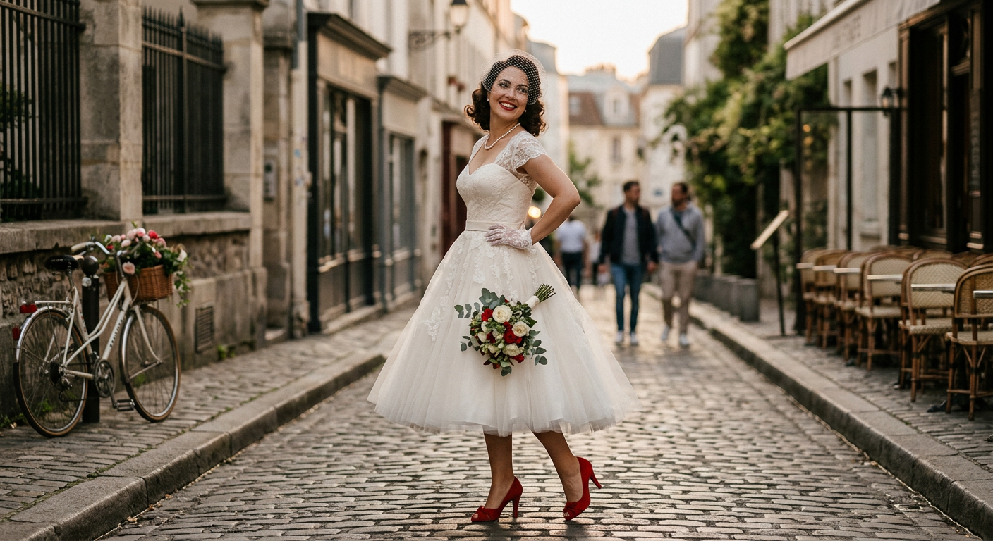 Mariée en robe de mariée civile style pin-up des années 50 avec une voilette courte.