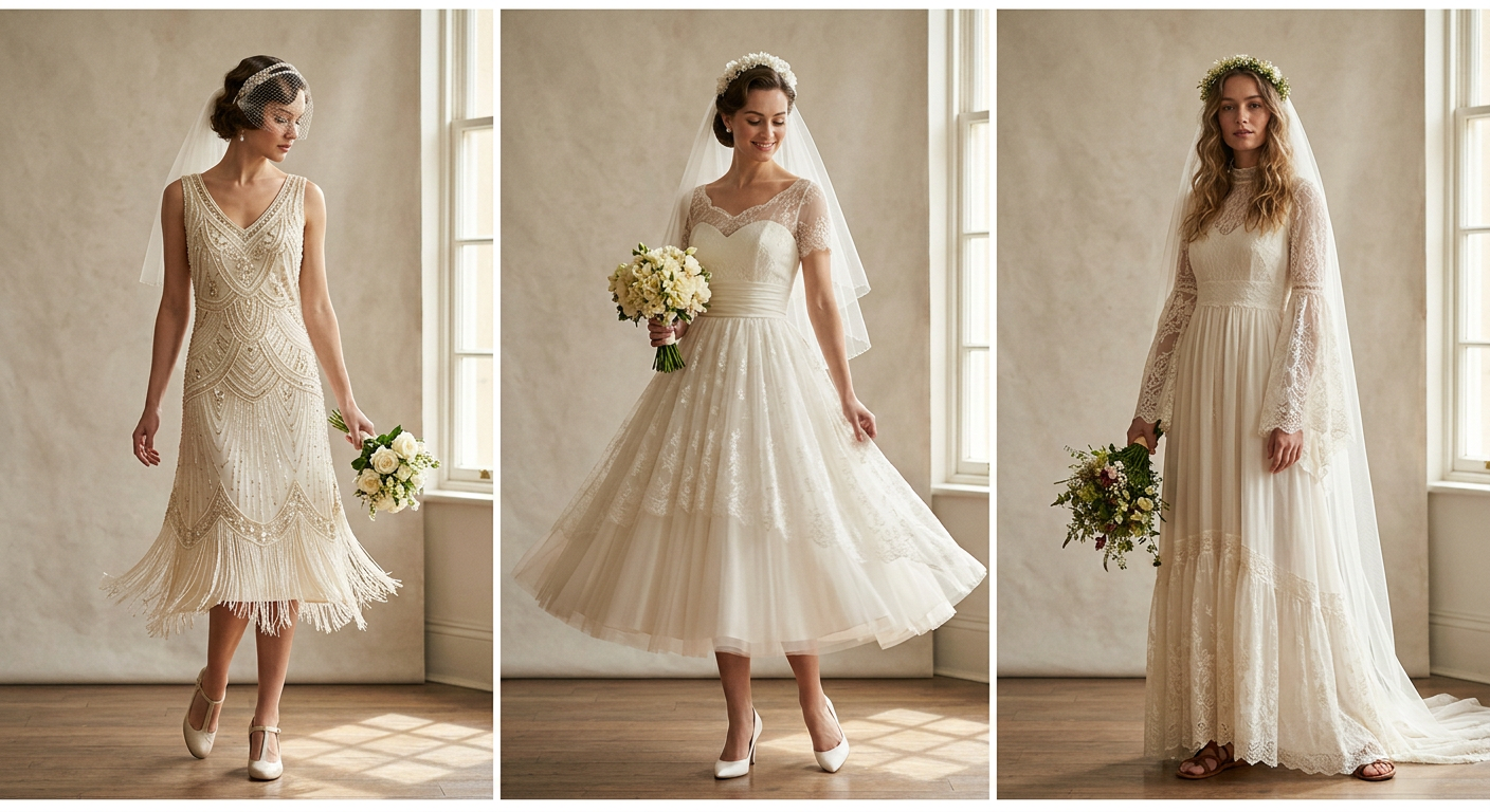 Montage de trois robes de mariée vintage pour mariage civil : années 20, 50 et 70.
