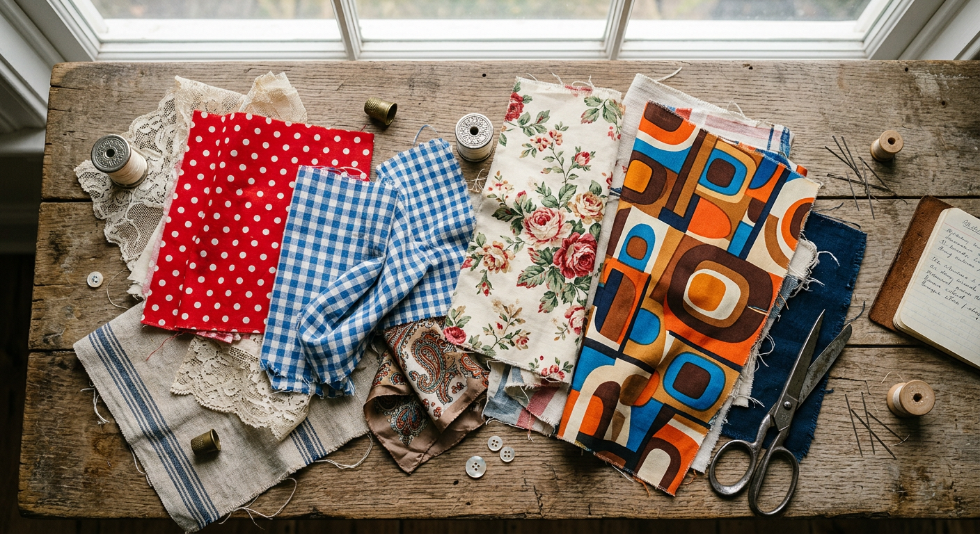 Palette de tissus vintage avec des motifs à pois, floraux et vichy.